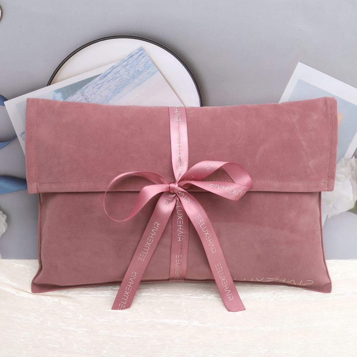 Custom Logo Size Pink Velvet Suede Envelope Gift Dust Bag High End Handbag Belt Hat Shoe Packaging Pouch Flap Velvet Dust Bag