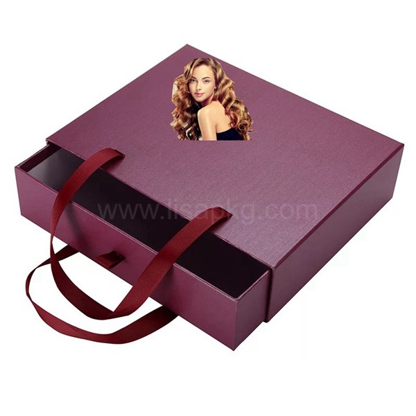 Custom purple drawer hair extension packaging wig boxes with handle
