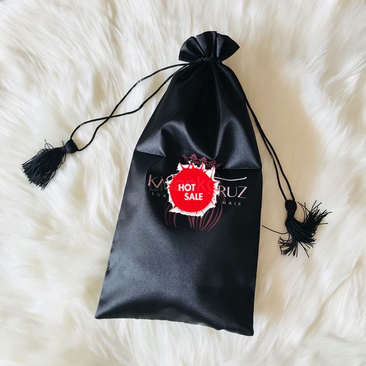 Black Custom Size Drawstring Satin Hair Extension Packaging Bags with Tassels