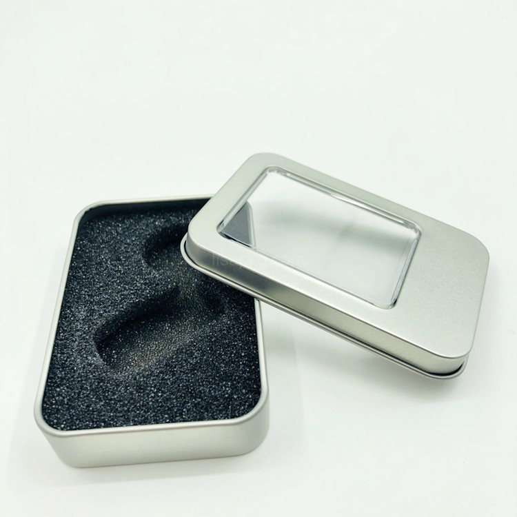 Custom silver metal tin box with window and foam tray