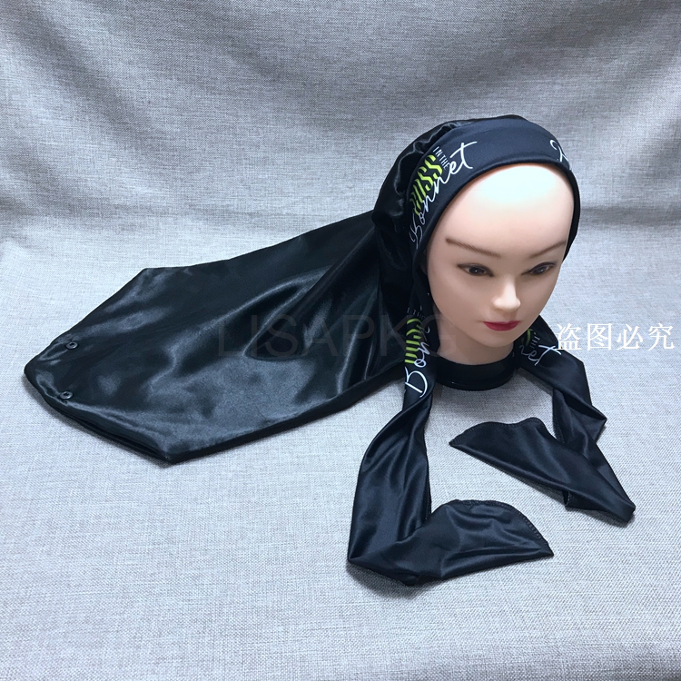 Custom Black Long bonnet with snap and tie band button for hair sleeping