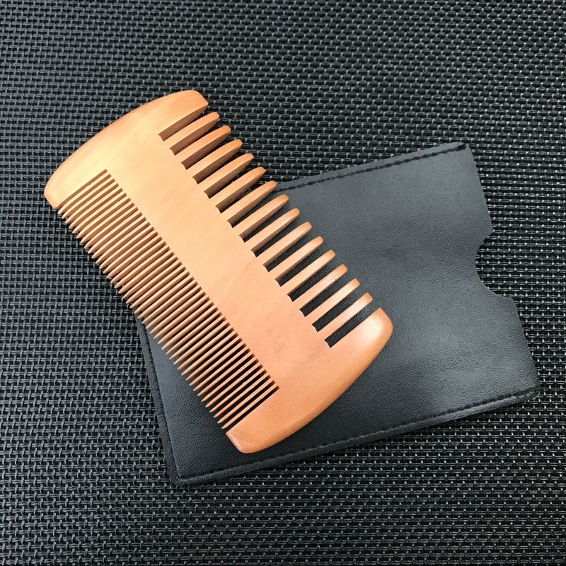Custom logo wooden beard lice comb with pu leather sleeve for man