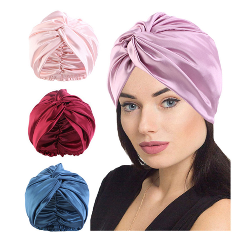 CustomDouble layer satin silk solid color cross twist cap bonnet hair care cap