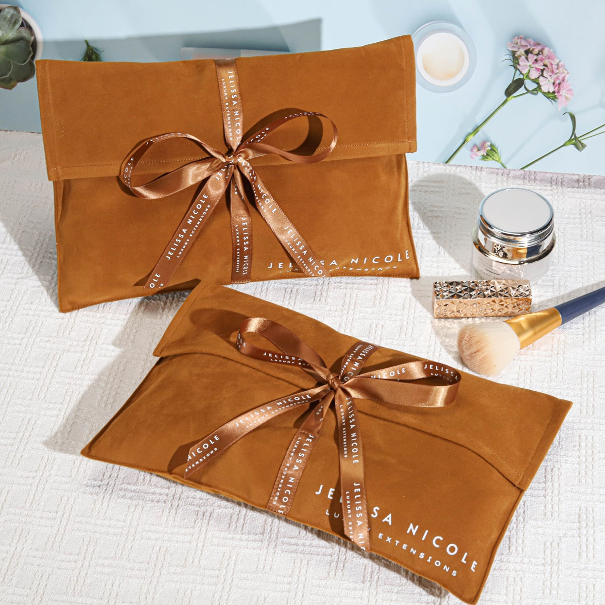 Custom Ribbon Logo Printed Brown Velvet Envelope Jewelry Gift Packaging Bag Luxury Faux Suede Handbag Dust Bag