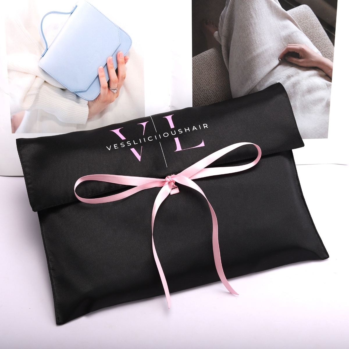Custom Logo Printed Satin Envelope Underwear Hair Wig Extension Storage Bag Luxury Flap Gift Packing Silk Pouch