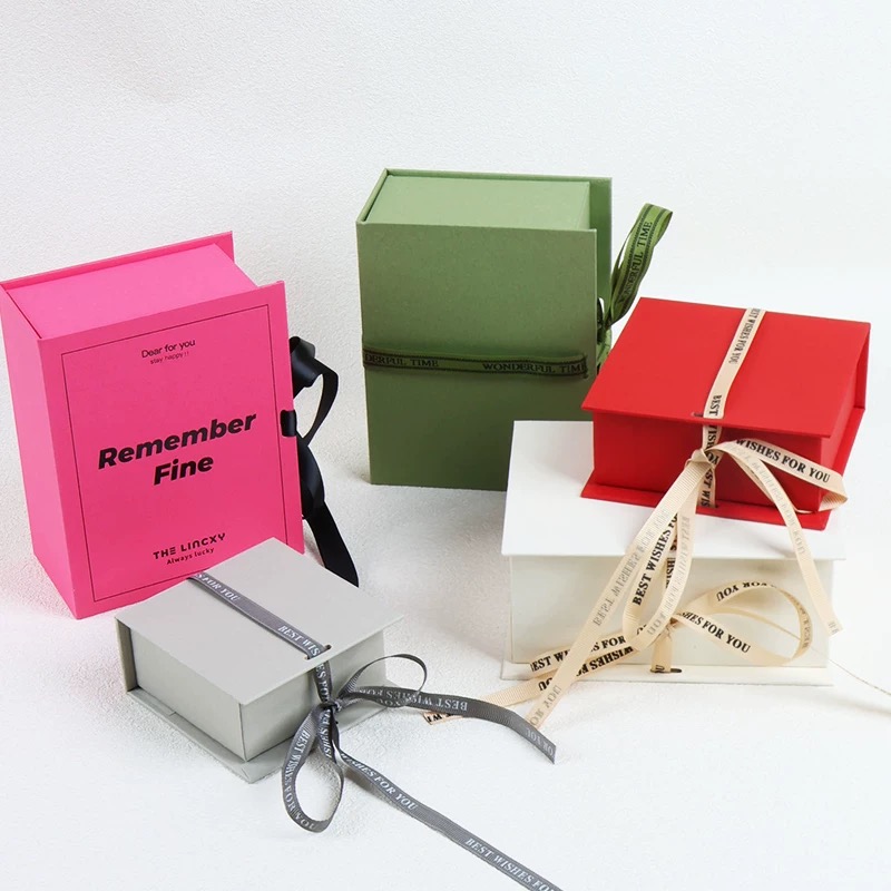 Wholesale Simple Textured square Box Magnetic Tape Ribbon Gift Box Cardboard Packing Paper Box Paper Packaging