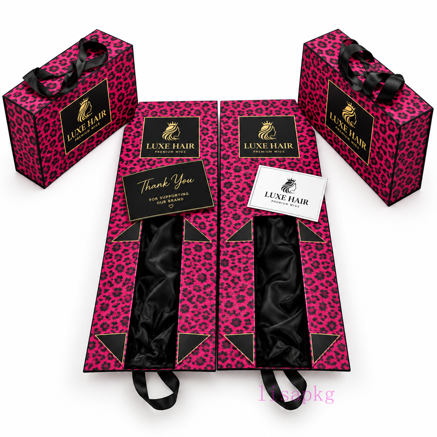 Custom Leopard Print Wig Packaging satin Boxes | Luxury Hair & Beauty Packaging box with handle