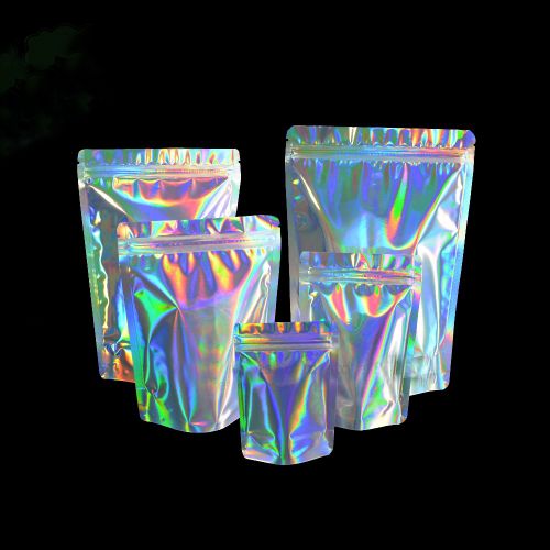 Wholesale hologram foil stand up zipper pouch bag with ziplock 