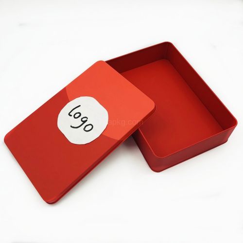 Red rectangular metal tin box packaging with custom logo