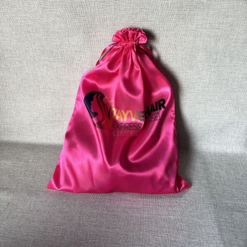 Custom large PINK drawstring satin bag WIG POUCH with logo printed